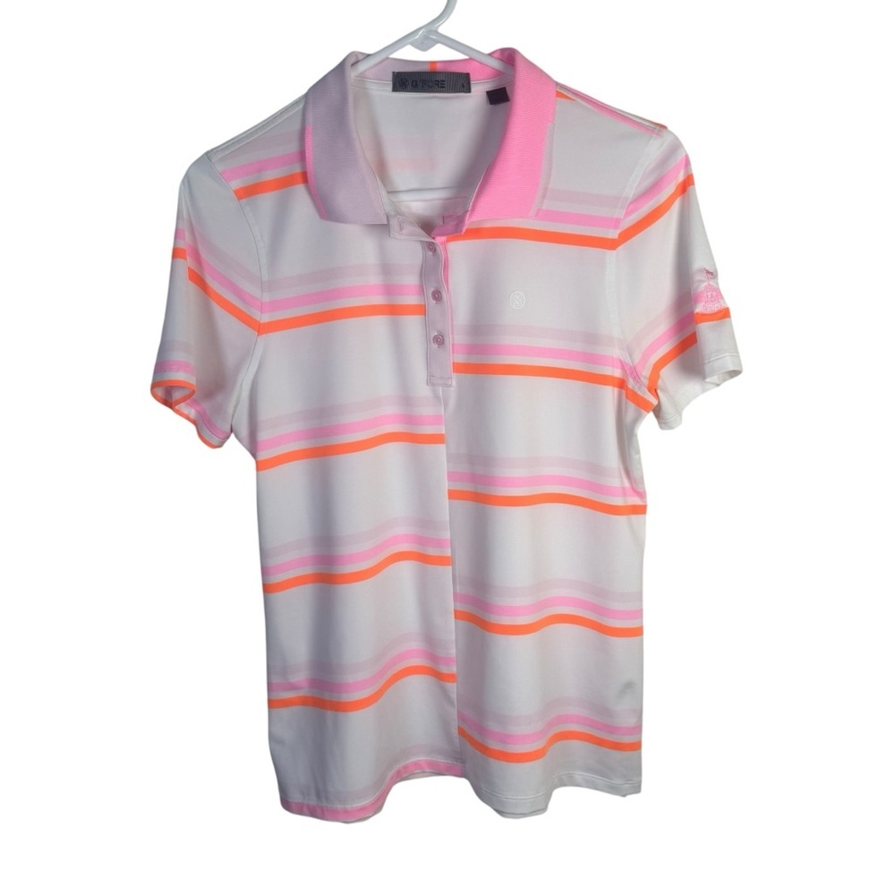 G/Fore Womens Offset Stripe Tech Golf Polo Size Large White Orange Pink‎